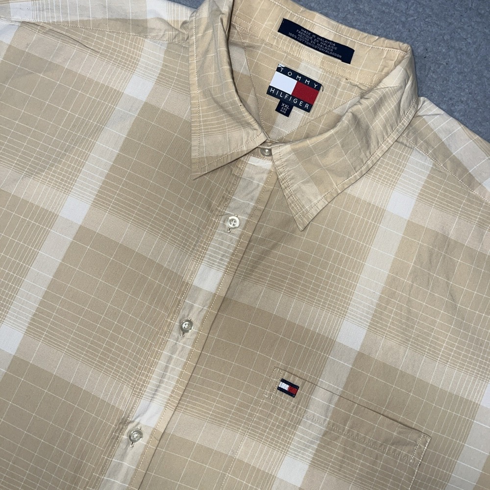 VTG Tommy Hilfiger Shirt Men's 2XL XXL Beige Plaid Short Sleeve Button Up Y2K